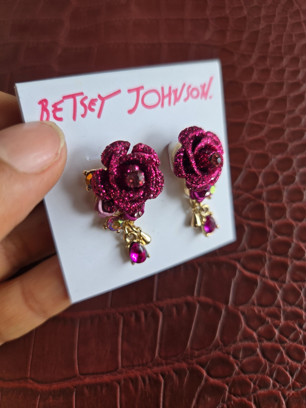 Betsey Johnson Fuchsia Glitter Rose Drop Earrings with Gold Accents